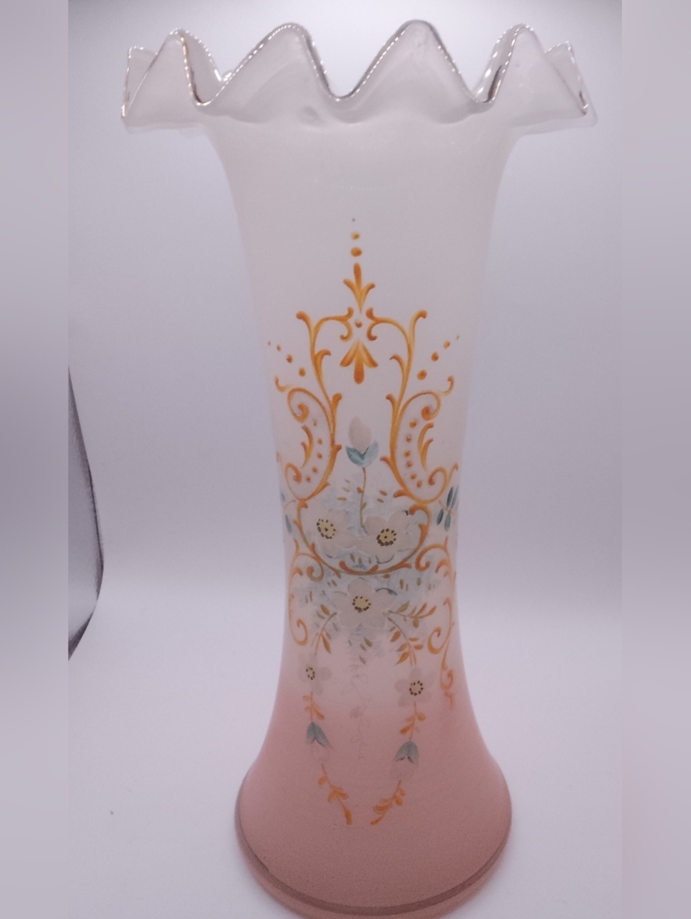 Frosted ombré Glass Vase Raised Gold/white/green Enamel blown glass Ruffled Rim